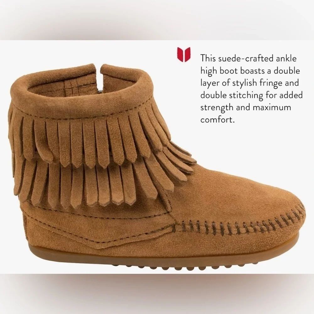 Minnetonka Children's Double Fringe Side Zip Boot, Brown, Leather Suede Size 6